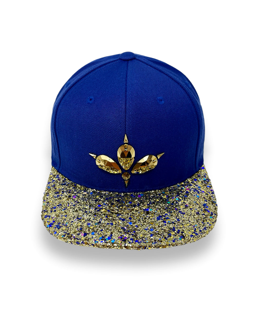 Blue flat peak cap with a gold and blue glitter mix peak. 3D Jukebox logo emblem centre front, stylish streetwear, eye catching accessory, adjustable, snapback, party hat, festival hat, rave, urban, crystals, festival fashion, rhinestones, unique headwear, made in the UK