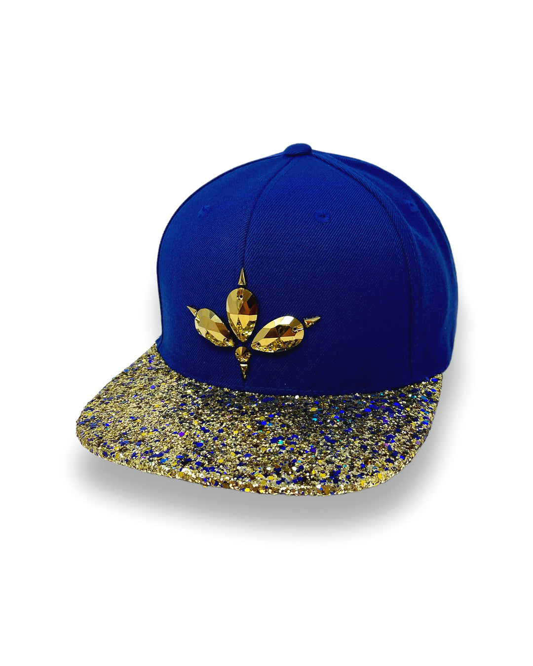 Blue flat peak cap with a gold and blue glitter mix peak. 3D Jukebox logo emblem centre front, stylish streetwear, eye catching accessory, adjustable, snapback, party hat, festival hat, rave, urban, crystals, Royal blue, festival fashion, rhinestones, unique headwear, made in the UK