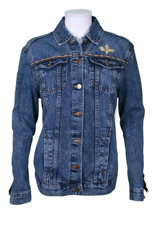 Oversized denim jacket elephant print with fringe sleeves