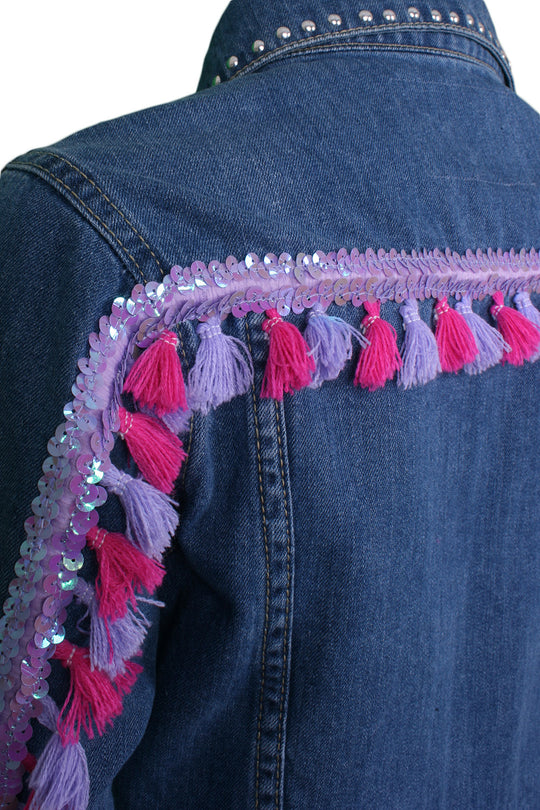 Studded denim jacket with sequins and tassel sleeves