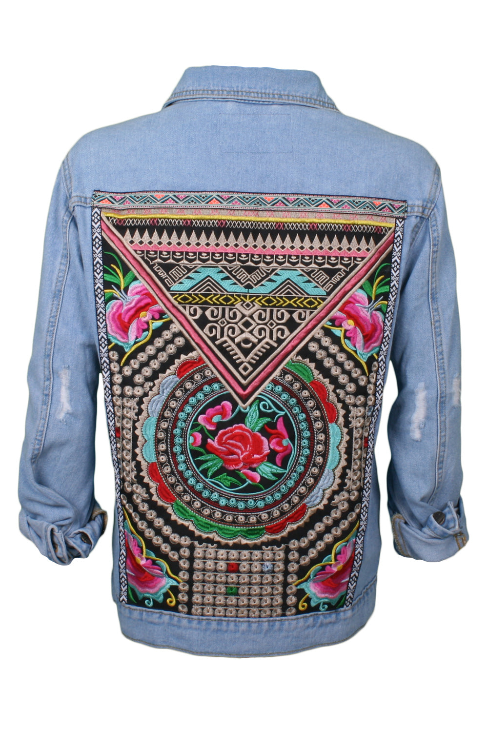 Light-wash denim jacket aztec rose embroidery with rips – Jukebox