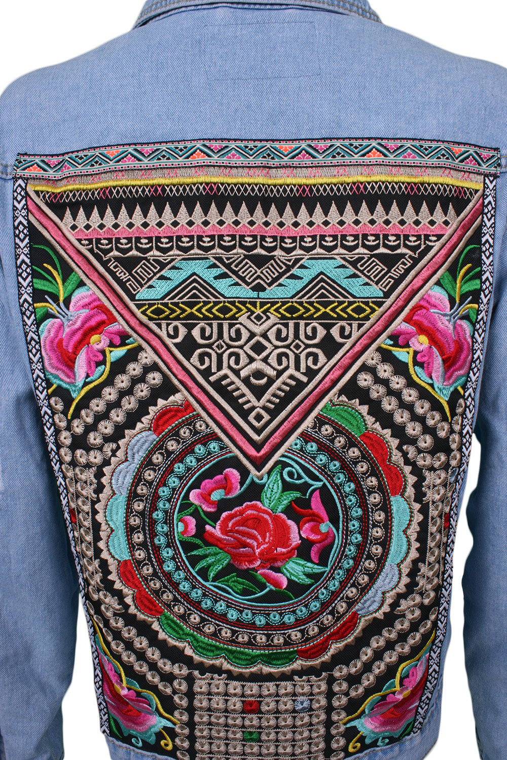 Light-wash denim jacket aztec rose embroidery with rips